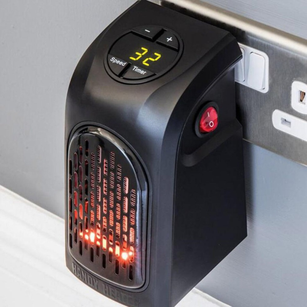 small white plug-in ceramic heater with digital display