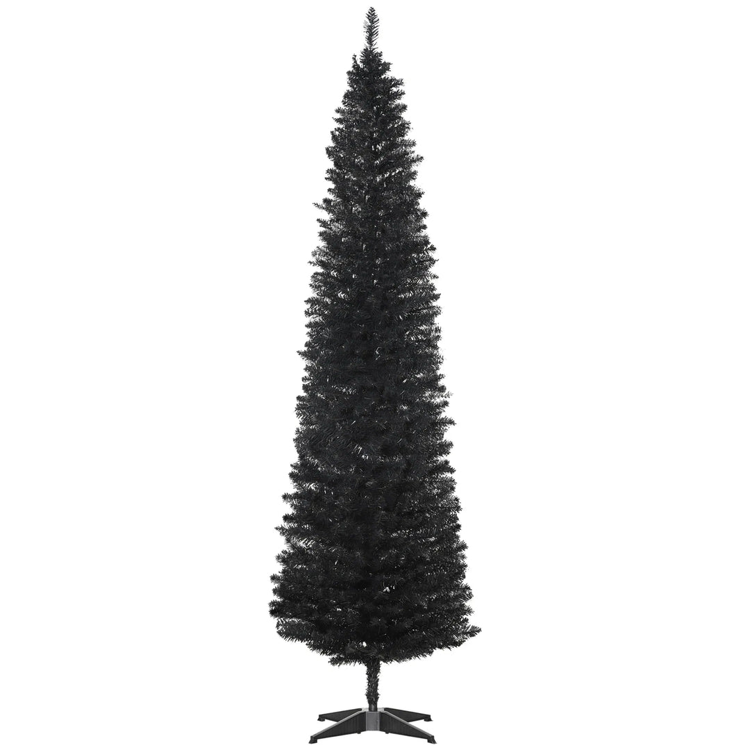Slim black pencil Christmas tree in corner