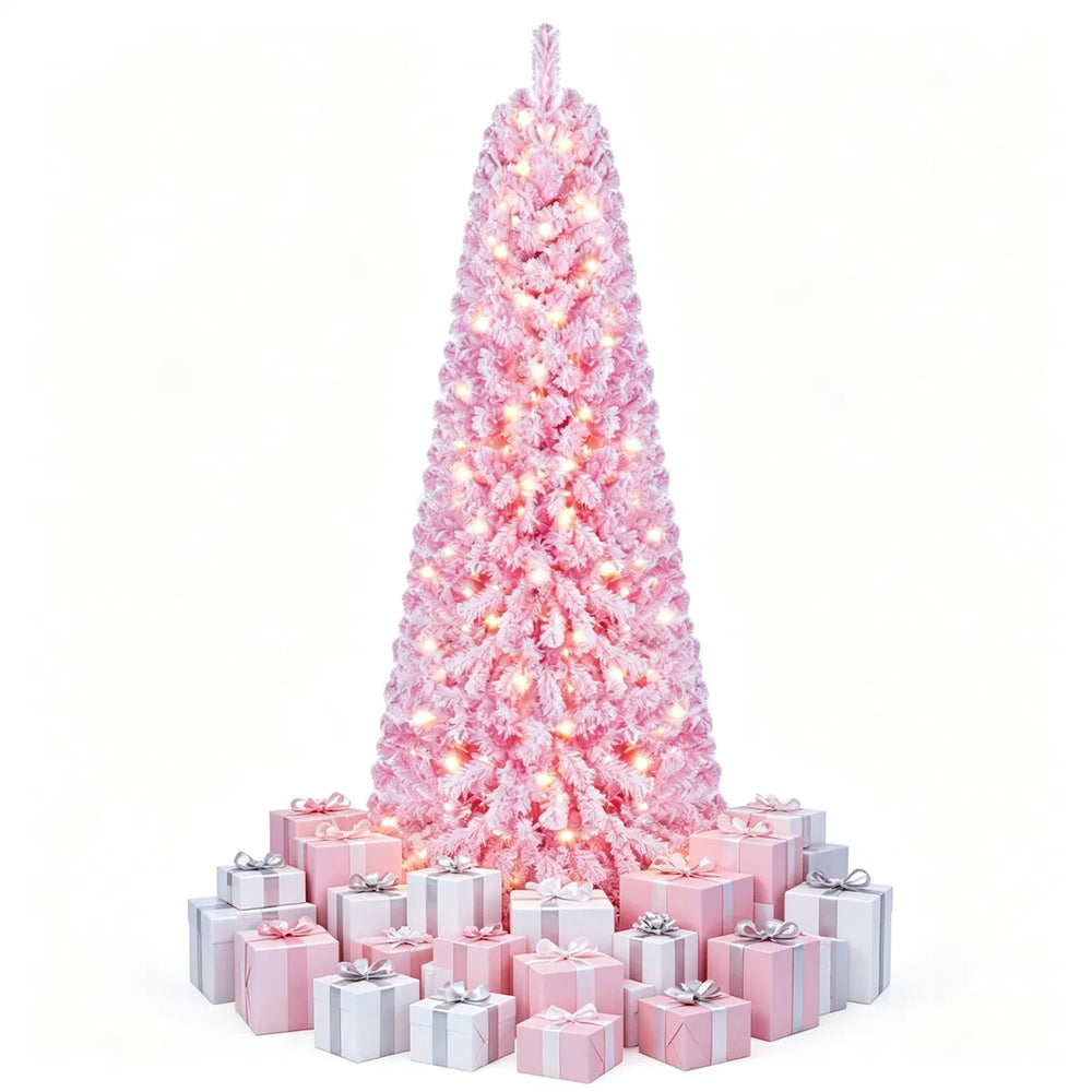 Full pink flocked tree with warm lights