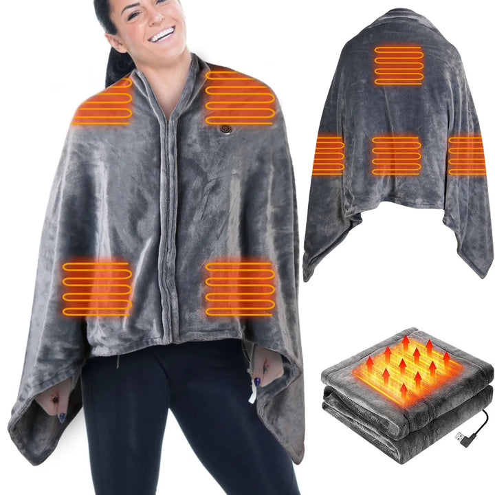 USB heated poncho blanket with zip and three heat settings