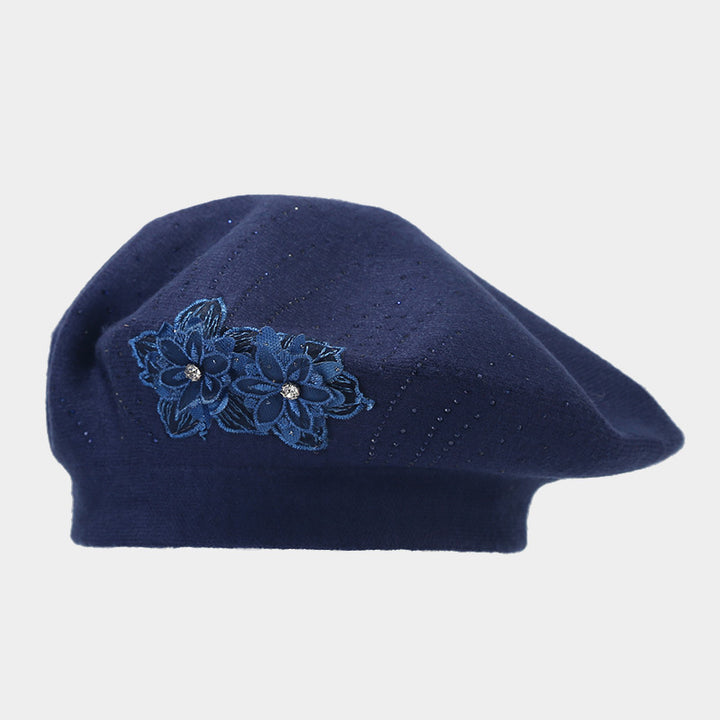 Red knit beret with flower and rhinestones