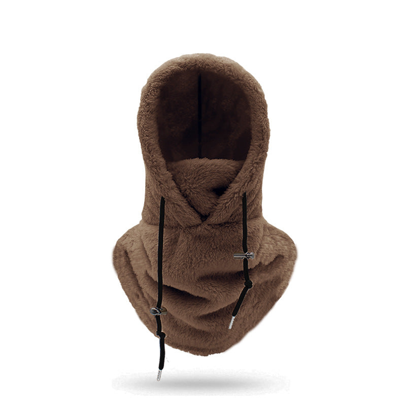 Woman wearing beige plush hood with scarf
