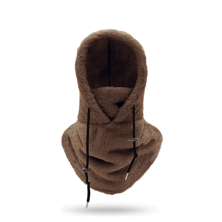 Woman wearing beige plush hood with scarf