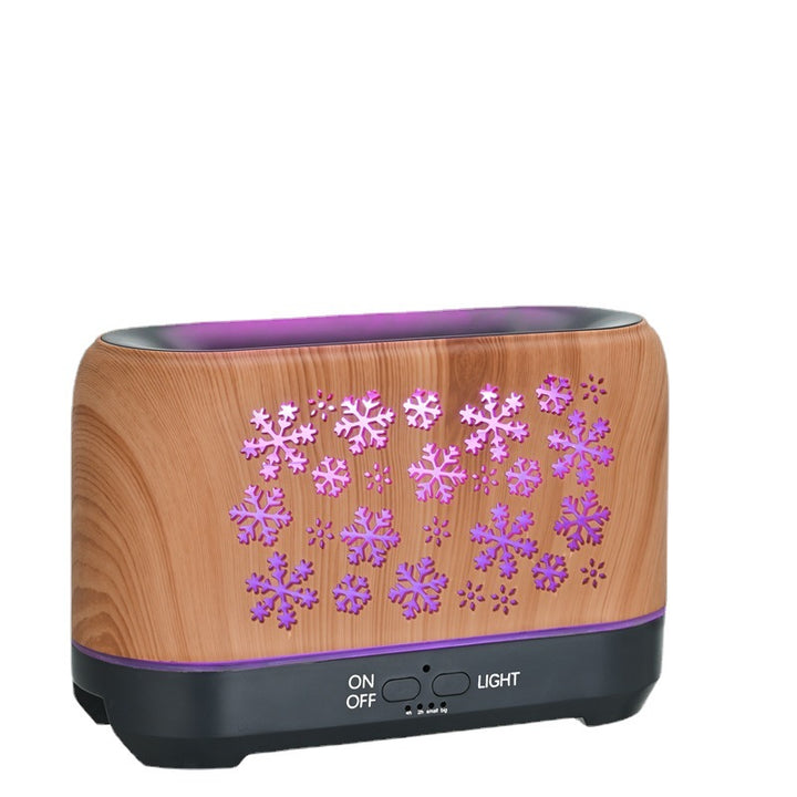 Flame effect aroma diffuser with snowflake wood design, 7 colours