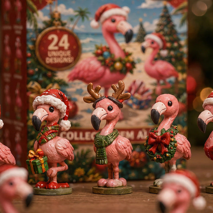 Flamingo advent calendar with festive figures
