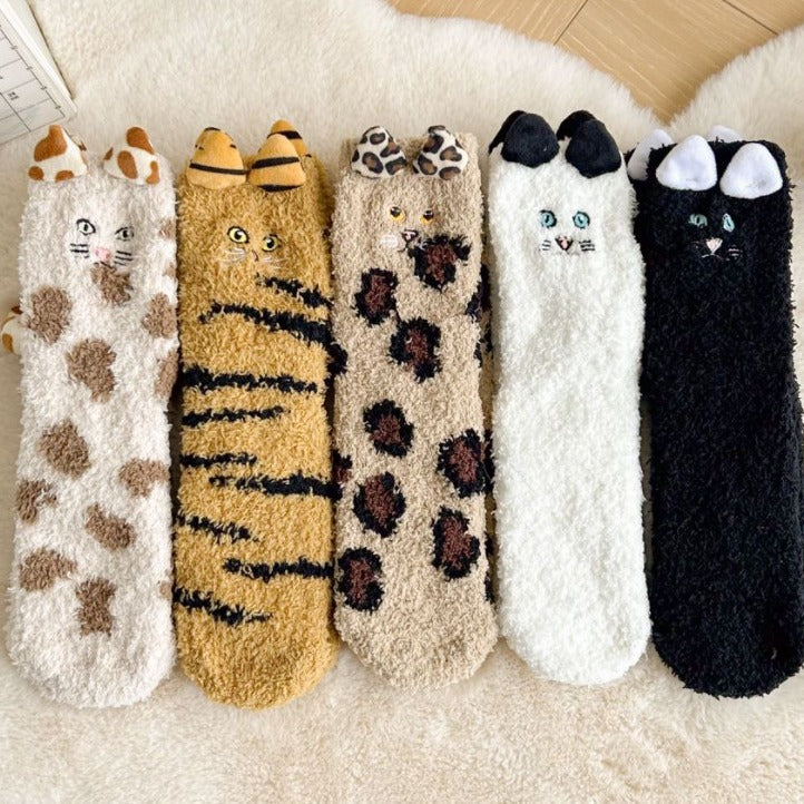 Fluffy cat socks with 3D ears and tail