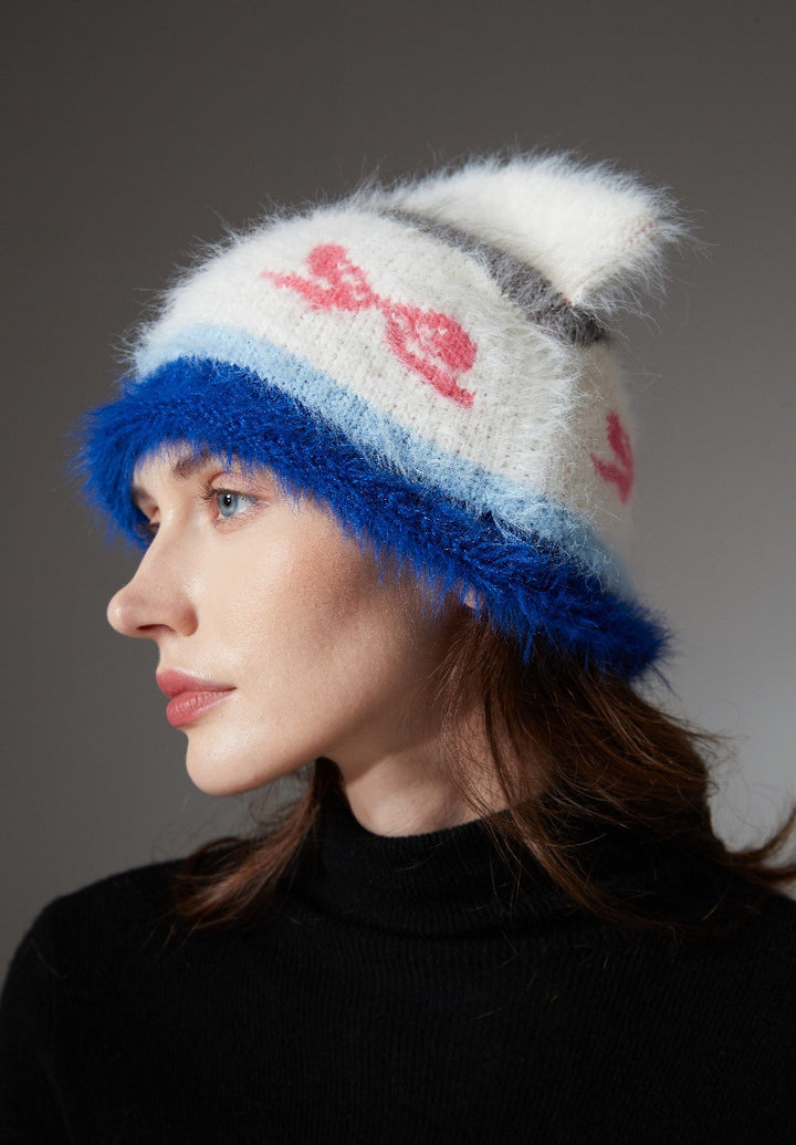 Shaggy white and blue cat ear beanie