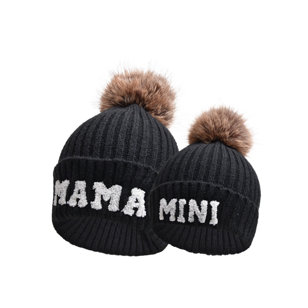 Pink MAMA and MINI beanies with pompoms