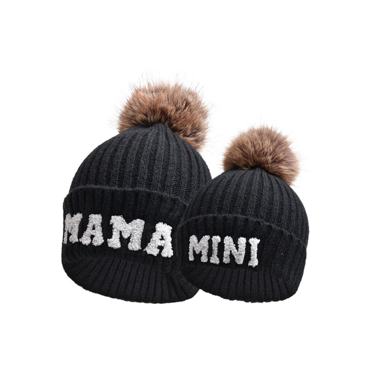 Pink MAMA and MINI beanies with pompoms