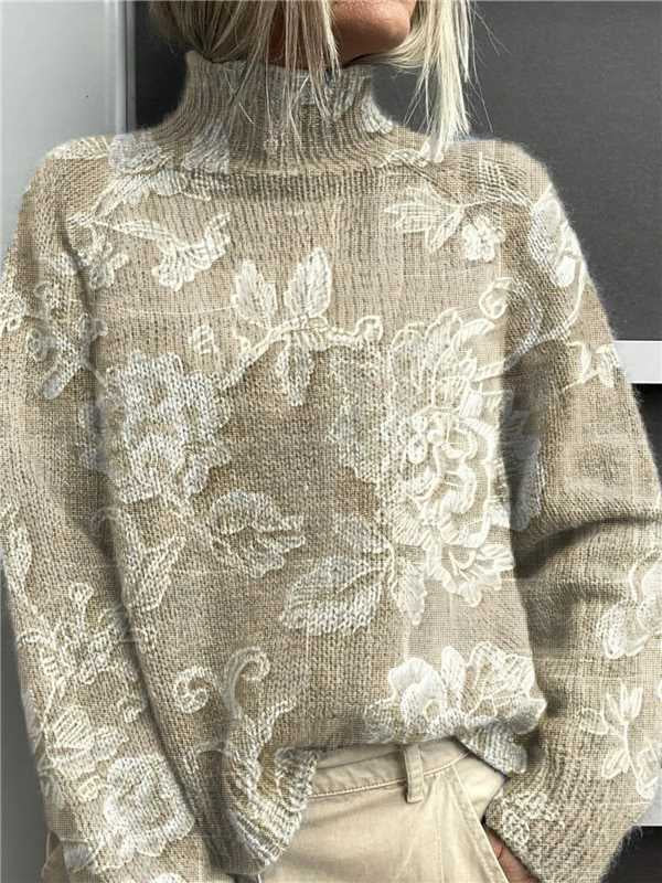 Woman in printed turtleneck jumper