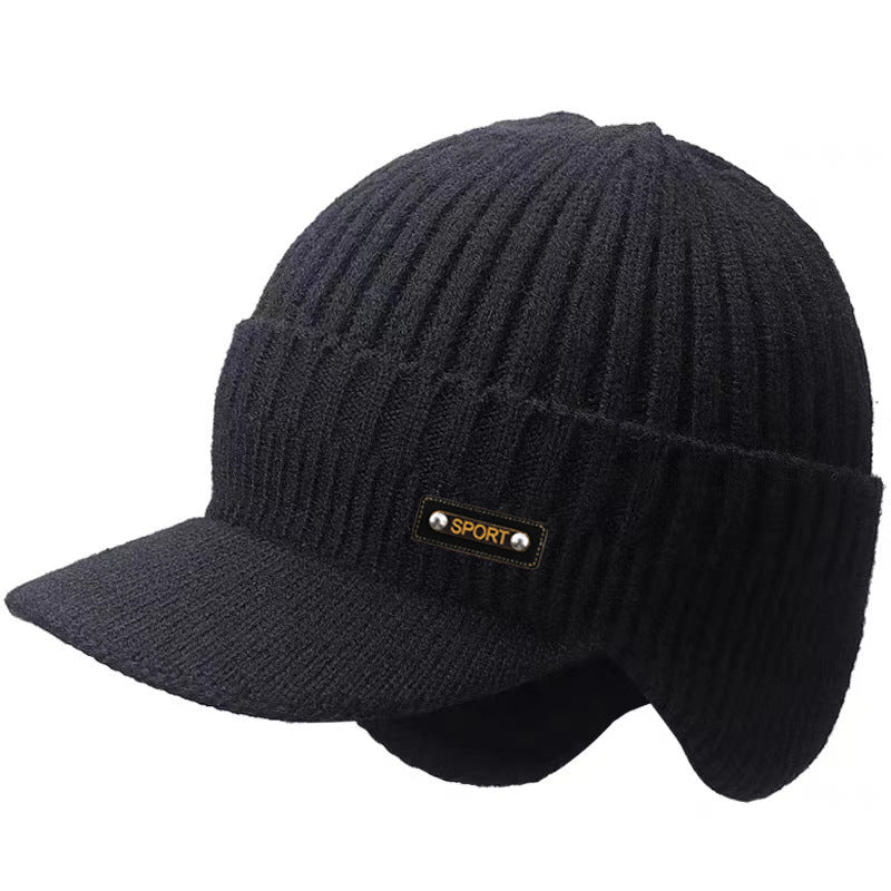Black mens peaked beanie with ear flaps