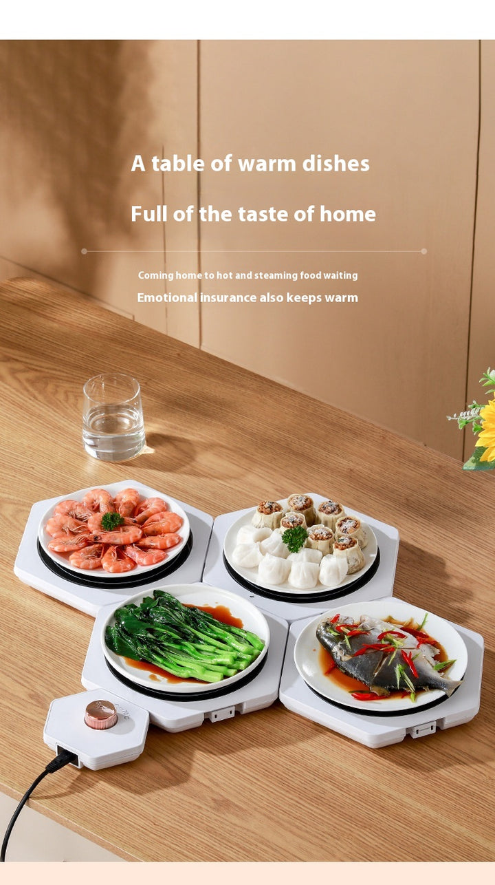 White hexagonal warming plates with dishes on top