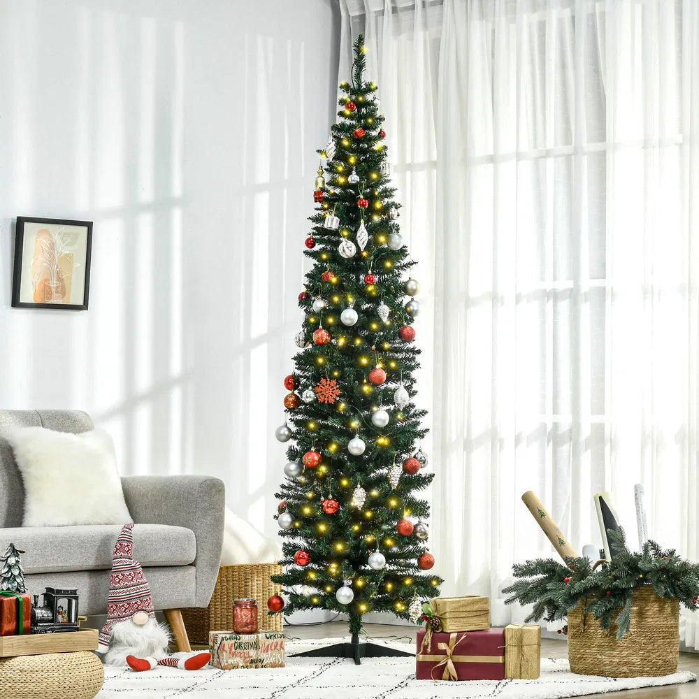 Tall slim green pencil tree with warm lights