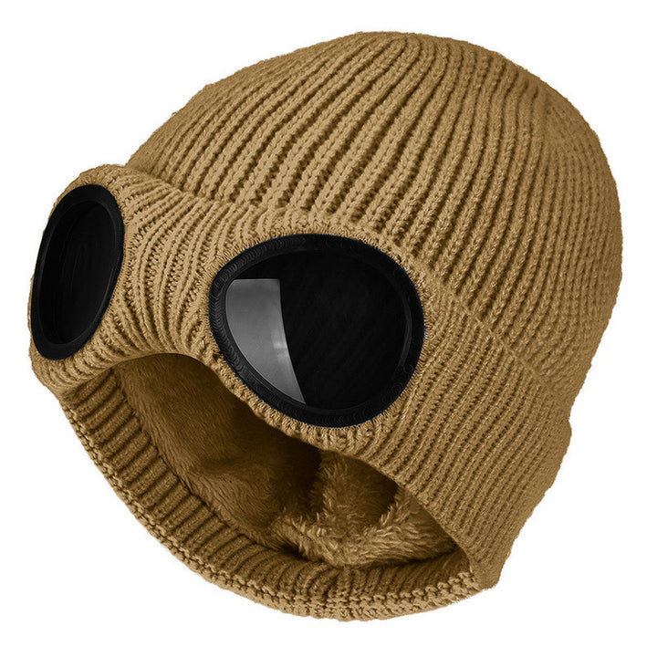 Knit beanie with flip-up goggles on the front
