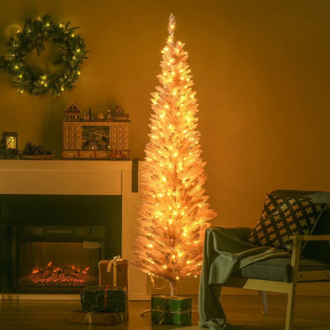 Pink pencil tree with bright warm lights