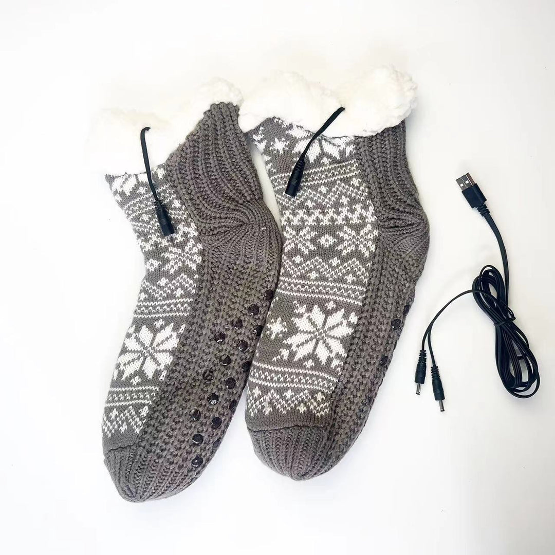 Red Nordic knit USB heated house socks