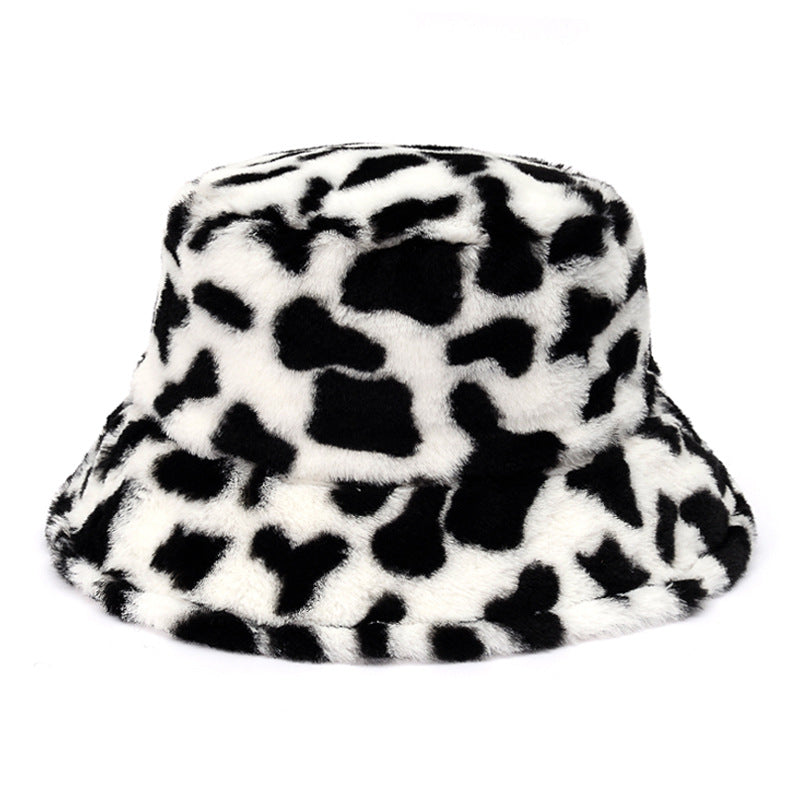 Fluffy cow print faux fur bucket hat