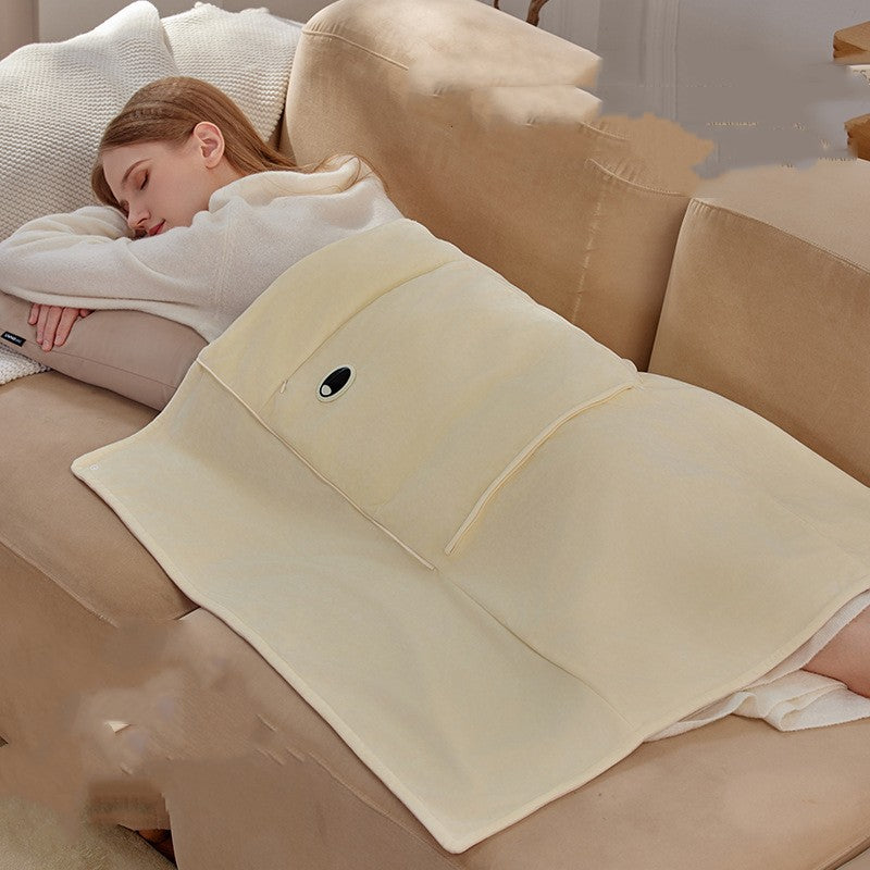 Cream plush heated pouch unfolded as blanket