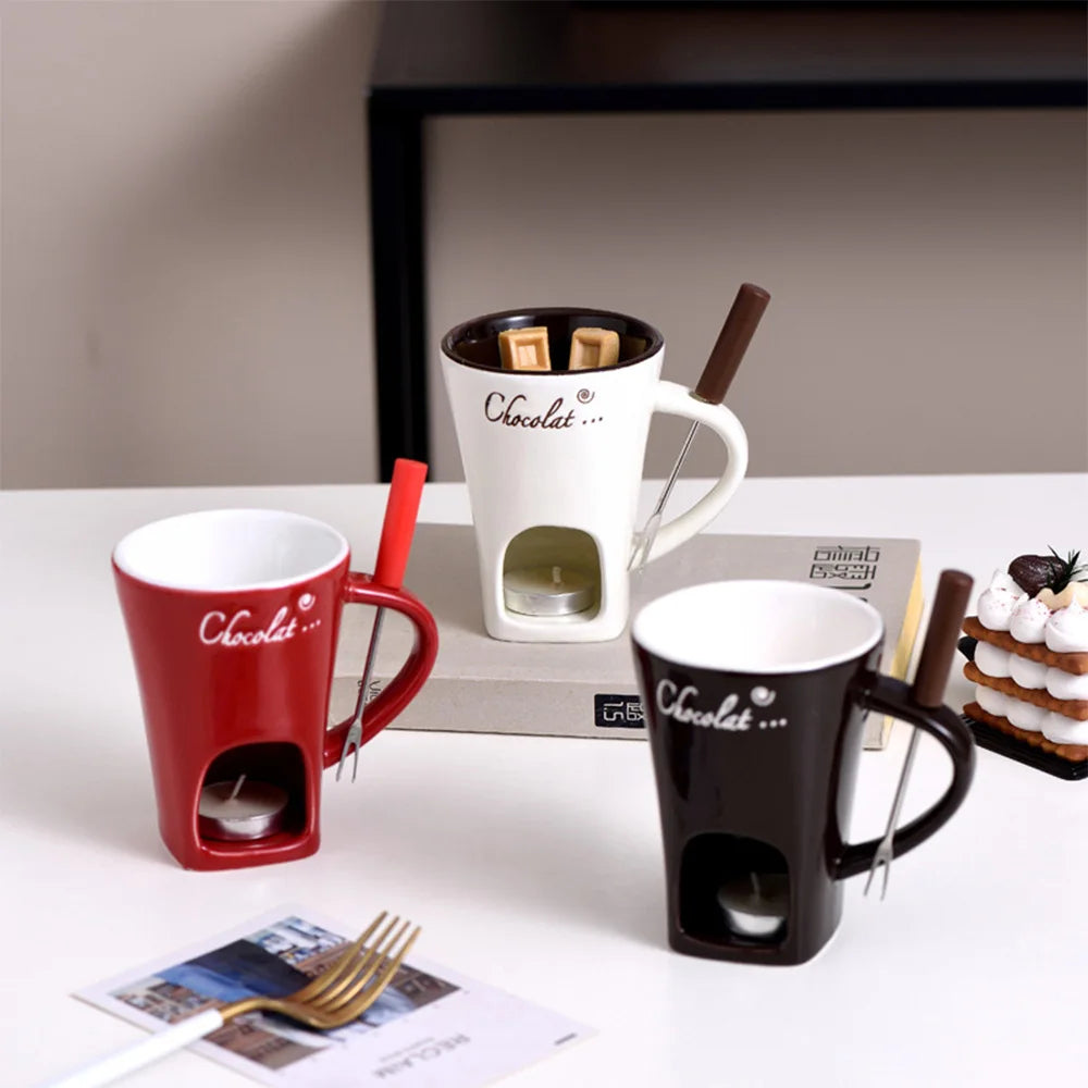 Chocolate fondue mug with fork