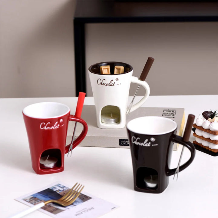Chocolate fondue mug with fork