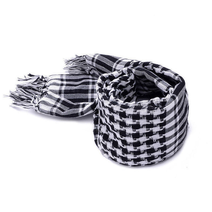 Shemagh scarf wrapped around neck and face