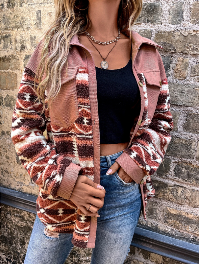 Heat Hollow Shacket Coat with Geometric Print Sleeves and Flap Pockets
